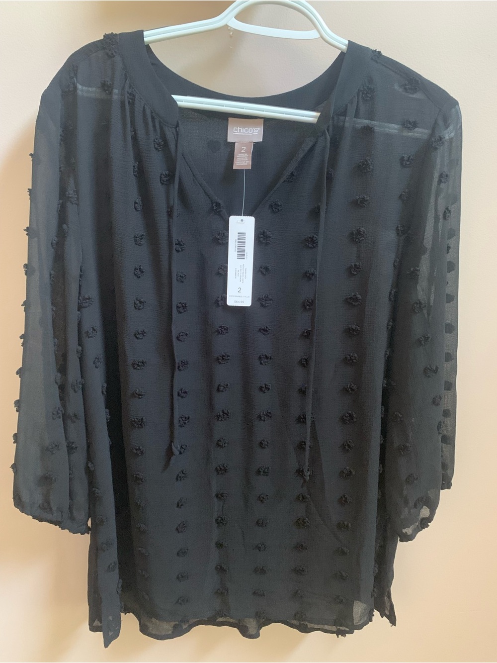 NEW WITH TAGS….Chico’s Sheer Dot 3/4 Length Sleeve….Chico’s Size 2